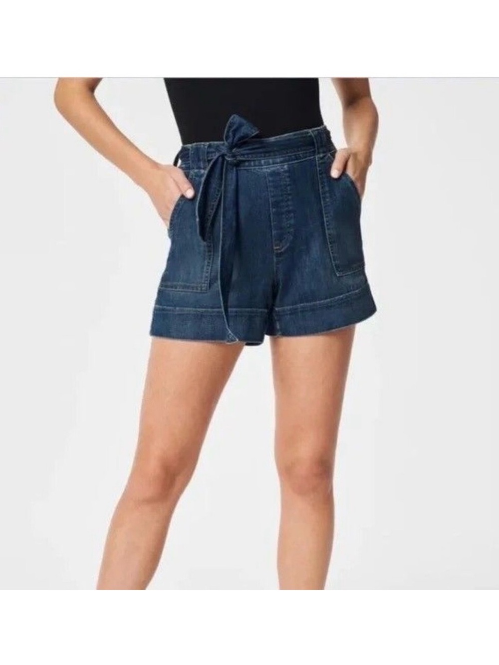 SPANX Dark Blue Denim High-Waist Tie-Belt Shorts